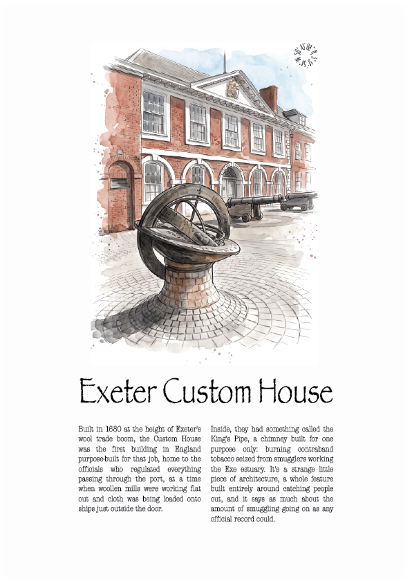 A vintage-style illustrated poster or print titled 'Exeter Custom House,' showing a brick building with a large stone custom-house structure in the foreground, plus a short block of explanatory text below on a white background.