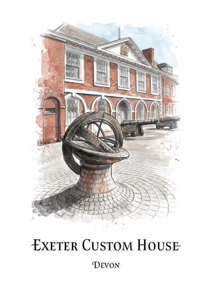 A watercolour-style illustration of Exeter Custom House in Devon, showing the brick building, cobblestone courtyard, and a large metal astronomical instrument in the foreground. The text 'EXETER CUSTOM HOUSE' and 'DEVON' appears below the artwork on a white background.