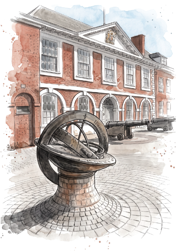 Watercolour-style illustration of a historic red brick building with arched windows, a large metal astrolabe or surveying instrument in the foreground, and two cannons on a cobblestone courtyard.