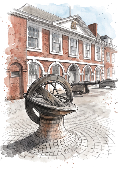 Watercolour-style illustration of a historic red brick building with arched windows, a large metal astrolabe or surveying instrument in the foreground, and two cannons on a cobblestone courtyard.