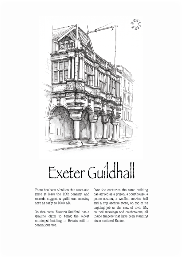 A black and white architectural sketch of Exeter Guildhall with a small circular logo at the top right of latitude and longitude coordinates and a block of descriptive text below the title, shown on a white background
