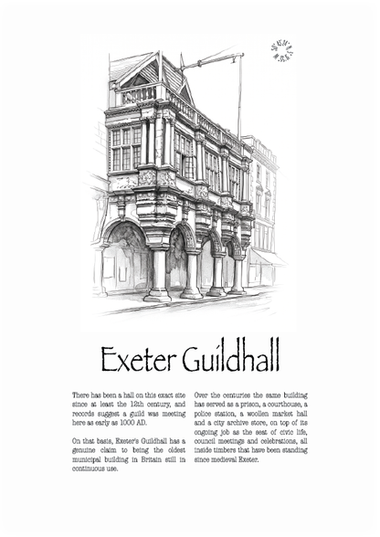 A black and white architectural sketch of Exeter Guildhall with a small circular logo at the top right of latitude and longitude coordinates and a block of descriptive text below the title, shown on a white background