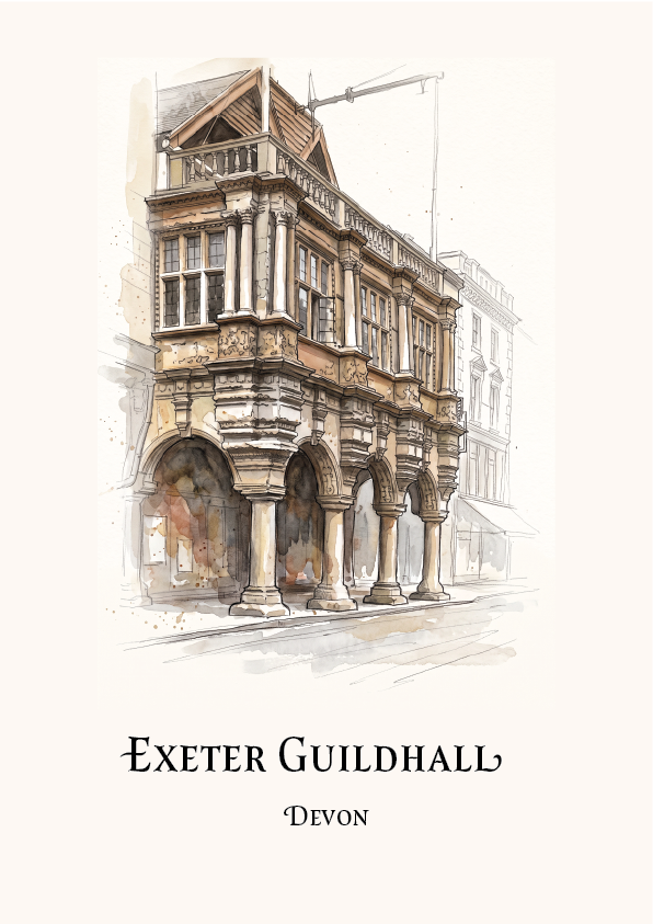 A watercolour-style architectural illustration of Exeter Guildhall with the text 'EXETER GUILDHALL' and 'DEVON' below, shown on a warm off-white background.