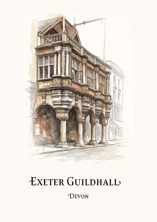 A watercolour-style architectural illustration of Exeter Guildhall with the text 'EXETER GUILDHALL' and 'DEVON' below, shown on a warm off-white background.