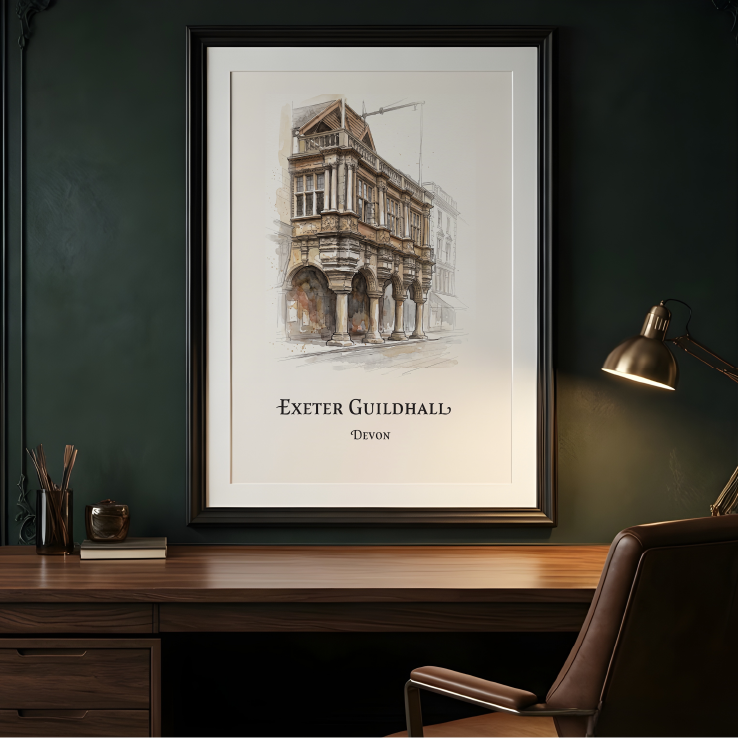 A framed art print of Exeter Guildhall in Devon, displayed on a dark green wall above a wooden desk with a leather chair and a lit desk lamp.
