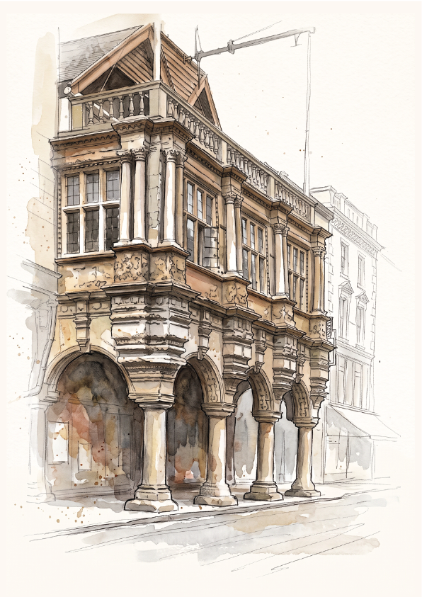 A watercolour and ink architectural sketch of the ornate historic building, Exeter Guildall, with arched ground-floor colonnade, detailed windows, and a pitched roof, rendered in warm beige, brown, and gray tones on a light cream background.