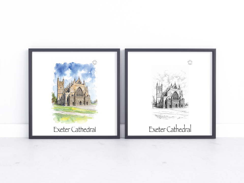 Two framed art prints of Exeter Cathedral, one in watercolour with blue sky and green grass, and one in black and white sketch style, displayed side-by-side on a white marble surface against a white wall.