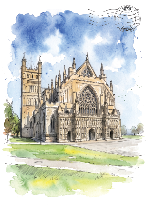 Exeter Cathedral, Devon · Watercolour Postcard
