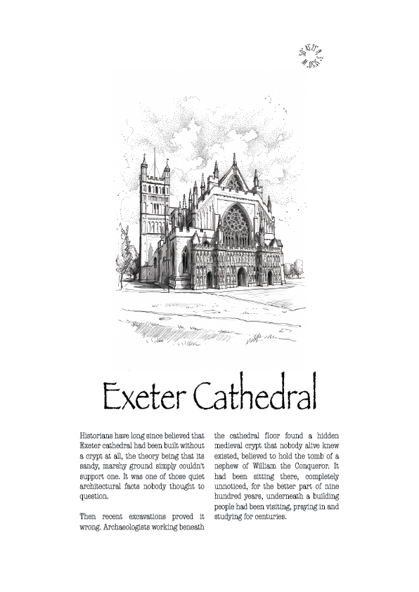 Black & White iluustration of Exeter Cathedral with text explaining the history of the cathedral 