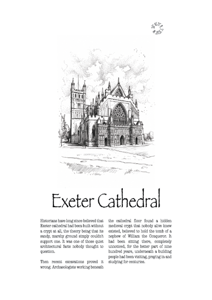Black & White iluustration of Exeter Cathedral with text explaining the history of the cathedral 