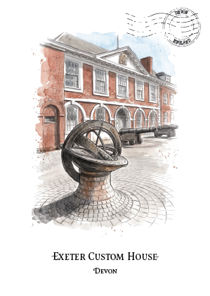 A watercolour-style illustration of a historic brick building labeled 'EXETER CUSTOM HOUSE' with 'DEVON' beneath it, featuring a large metal surveyor's circle in the foreground and a postage-style stamp graphic at the top right.