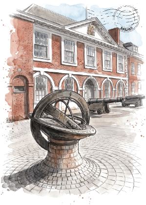 Watercolour and ink illustration of the historic red brick building Exeter Custom House with arched windows, a large metal astrolabe on a stone pedestal in the foreground, and two old cannons on a cobblestone street. A circular postmark graphic appears in the upper right.