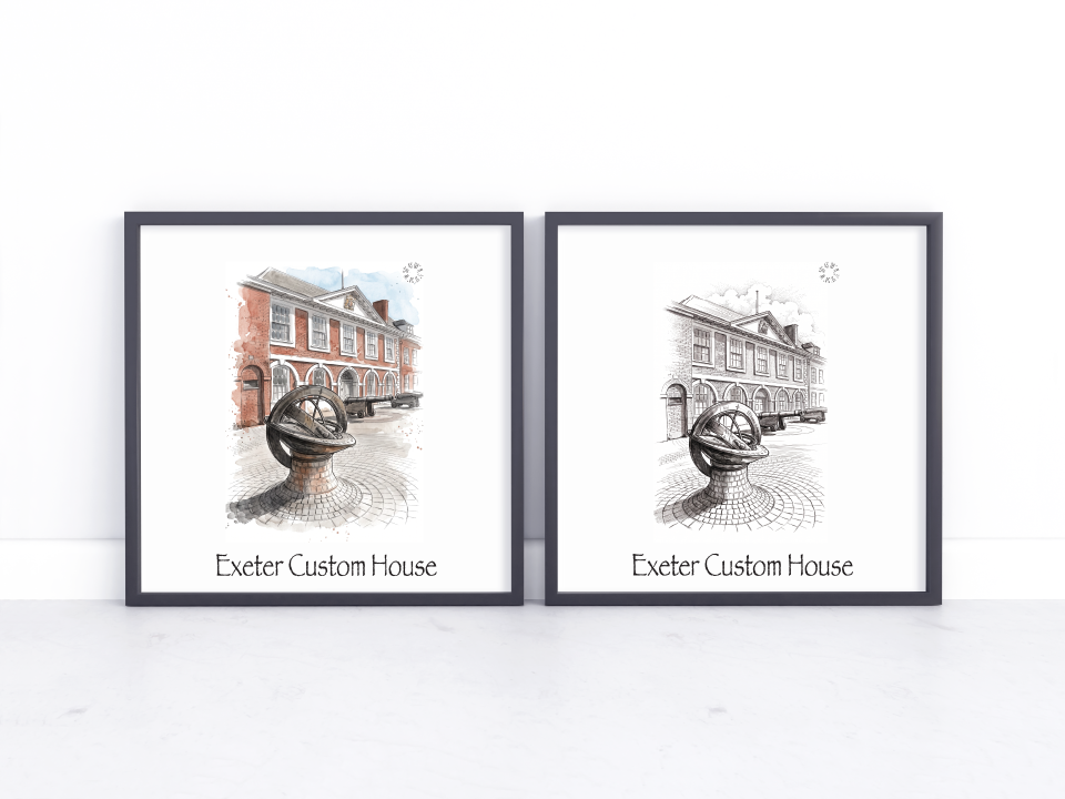 Two framed art prints leaning against a white wall on a light surface. Each print shows an architectural illustration of Exeter Custom House with one print featuring a muted watercolour red brick building and the other in black and white.