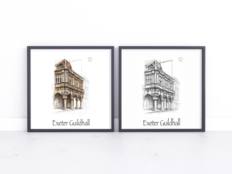 Two framed art prints, one watercolour, the other black and white, leaning against a white wall on a light marble surface. Each print shows a sketch-style illustration of Exeter Guildhall with the text 'Exeter Guildhall' below, in black frames.