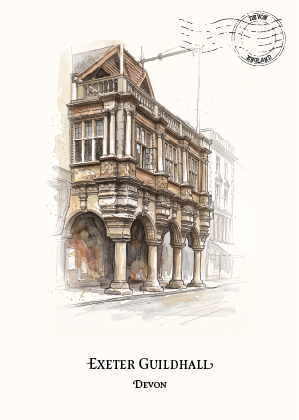 A vintage-style architectural sketch of Exeter Guildhall in Devon, shown on an off-white background with a printed postmark and the text 'EXETER GUILDHALL' and 'DEVON' below.