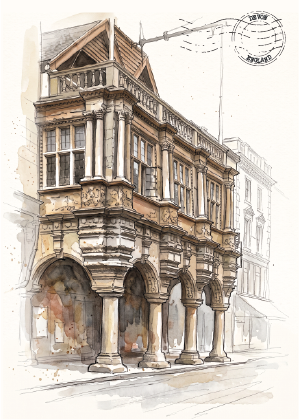 A hand-drawn architectural sketch of Exeter Guildhall with arched ground-floor columns, rendered in warm beige, brown, and gray tones on a light background and vintage postmark top right