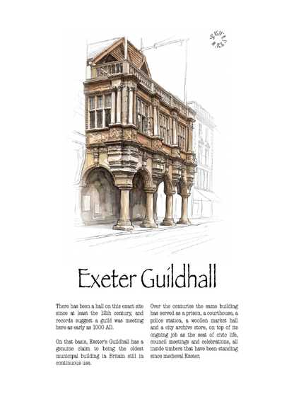 A white art print featuring a watercolour architectural sketch of Exeter Guildhall, with the title 'Exeter Guildhall' and several paragraphs of descriptive text below.