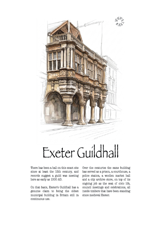 A white art print featuring a watercolour architectural sketch of Exeter Guildhall, with the title 'Exeter Guildhall' and several paragraphs of descriptive text below.