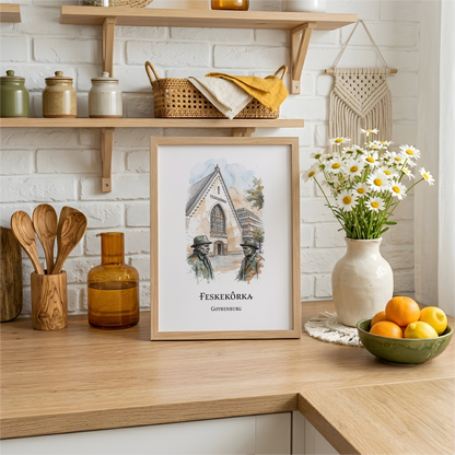 A framed art print featuring a watercolor illustration travel poster of Feskeørka, Sweden, styled on a wooden kitchen counter next to a vase of daisies and oranges.