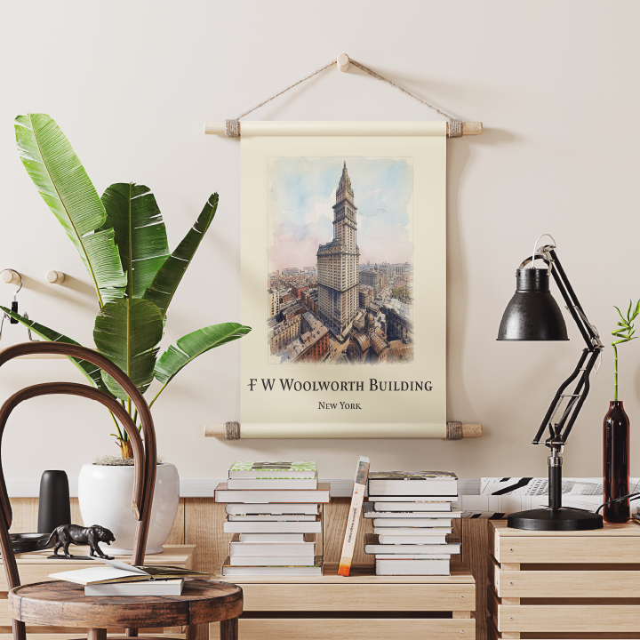 A vintage-style wall hanging poster depicting the F.W. Woolworth Building