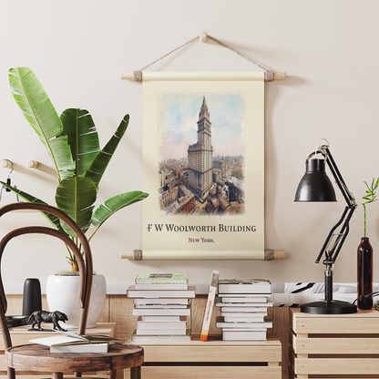 A vintage-style wall hanging poster depicting the F.W. Woolworth Building