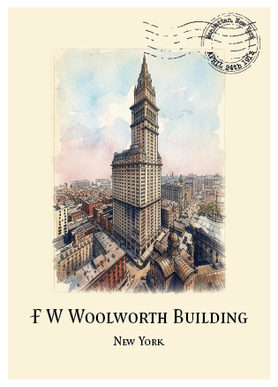 Vintage-style poster print featuring a watercolour  illustration of the F W Woolworth Building in New York, with a watercolour city scene, a postmark stamp at the top right, and the text 'F W WOOLWORTH BUILDING' and 'New York' below.