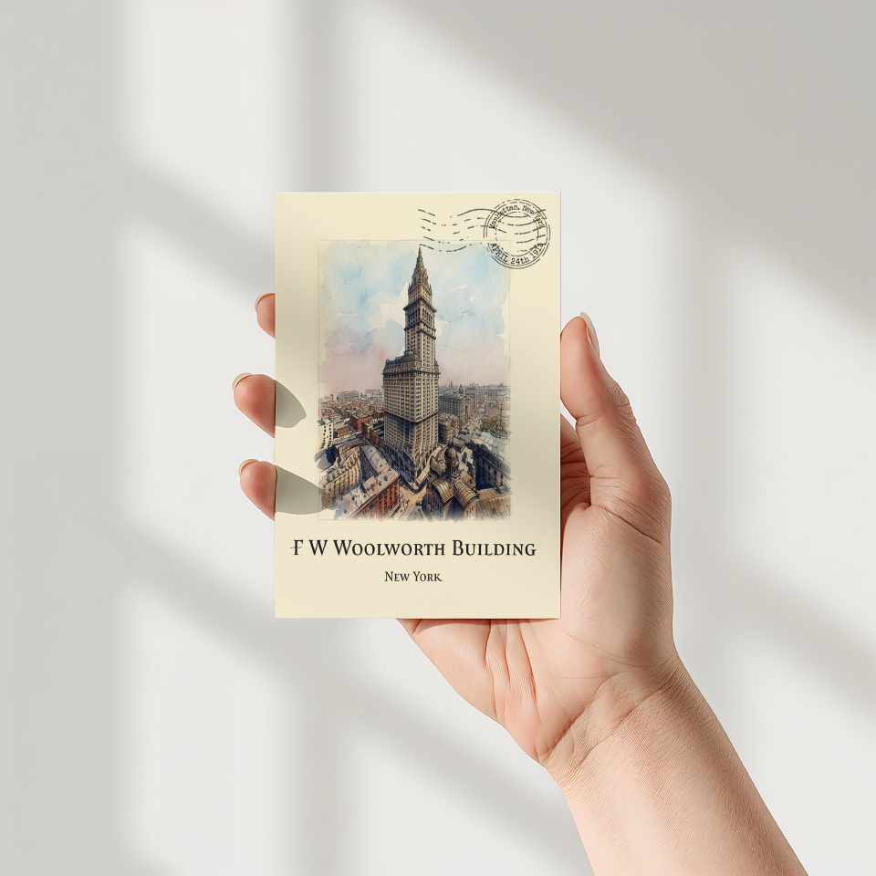 A hand holding a cream-coloured postcard featuring a vintage illustration of the F.W. Woolworth building in New York