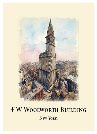 A vintage-style watercolour poster of the F W Woolworth Building in New York, featuring a detailed illustration of the skyscraper surrounded by city buildings under a soft blue and pink sky, with the text 'F W WOOLWORTH BUILDING' and 'New York' below.