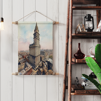 A vertical canvas wall hanging featuring a vintage cityscape of the New York F W Woolworth Building, styled on a white wood panelled wall next to a wooden ladder shelf with decorative items.