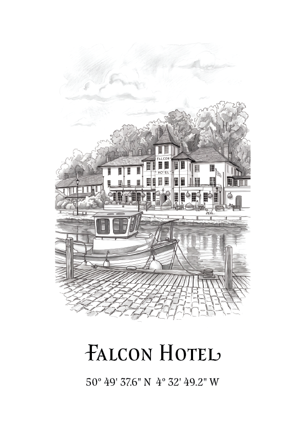 A black and white sketch illustration of the Falcon Hotel waterfront scene, showing a large white hotel building, a boat sat a dock, trees, and water, with the text 'Falcon Hotel' and coordinates below on a white background.