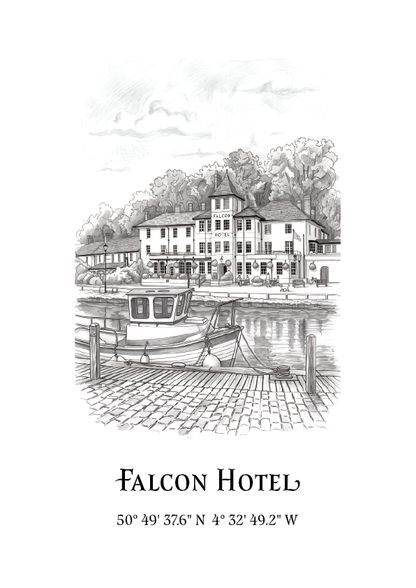 A black and white sketch illustration of the Falcon Hotel waterfront scene, showing a large white hotel building, a boat sat a dock, trees, and water, with the text 'Falcon Hotel' and coordinates below on a white background.