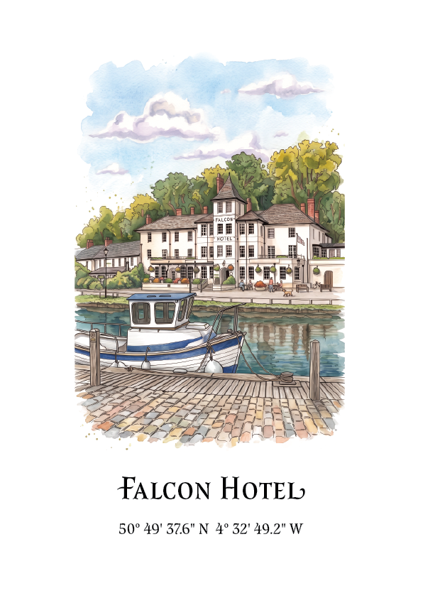 A watercolour-style illustrated print of the Falcon Hotel waterfront scene, showing a white boat tied to a wooden dock, trees, buildings, and sky, with the text 'Falcon Hotel' and coordinates below on a white background.