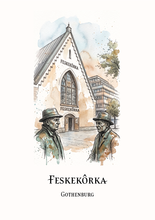 A watercolour-style art print featuring the Feskekórka building in Gothenburg, with two statues of men in hats in the foreground and the text 'FESKEKÓRKA' and 'GOTHENBURG' below on an off-white background.