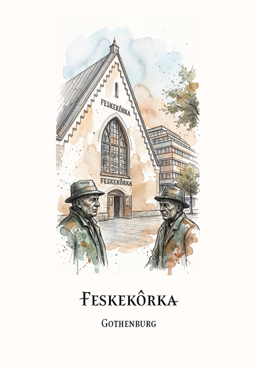 A watercolour-style art print featuring the Feskekórka building in Gothenburg, with two statues of men in hats in the foreground and the text 'FESKEKÓRKA' and 'GOTHENBURG' below on an off-white background.