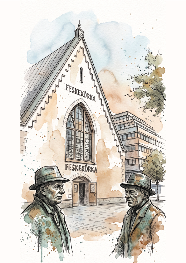 Watercolour and ink-style illustration travel poster of a church building with the Hungarian text 'FESKEKÖRKA' on the facade, plus two statues of men in hats in the foreground.