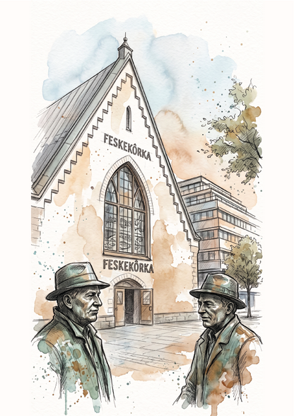 Watercolour and ink-style illustration travel poster of a church building with the Hungarian text 'FESKEKÖRKA' on the facade, plus two statues of men in hats in the foreground.