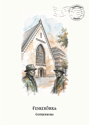 A watercolour-style travel illustration of Feskekórka in Gothenburg, showing a historic church with two men in hats in the foreground. The scene is presented on a white background with a black postmark graphic at the top right and the text 'FESKEKÖRKA GOTHENBURG' printed below.