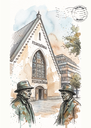 Watercolor-style illustration of a historic church building with the  text 'FESKEKORÓKA' on the facade, plus two illustrated men in hats in the foreground and a postage-stamp motif in the upper right.