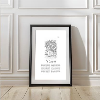A framed black and white art print titled 'Fin Garden' leaning against a white paneled wall on a light wood floor.