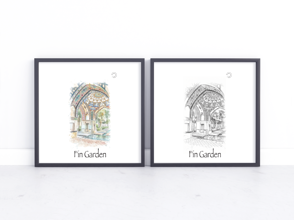 Two framed art prints leaning against a white wall on a light marble surface. The left print is a colourful architectural illustration labeled 'Fin Garden,' and the right print is a black-and-white sketch of the same design labeled 'Fin Garden.