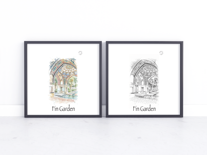 Two framed art prints leaning against a white wall on a light marble surface. The left print is a colourful architectural illustration labeled 'Fin Garden,' and the right print is a black-and-white sketch of the same design labeled 'Fin Garden.