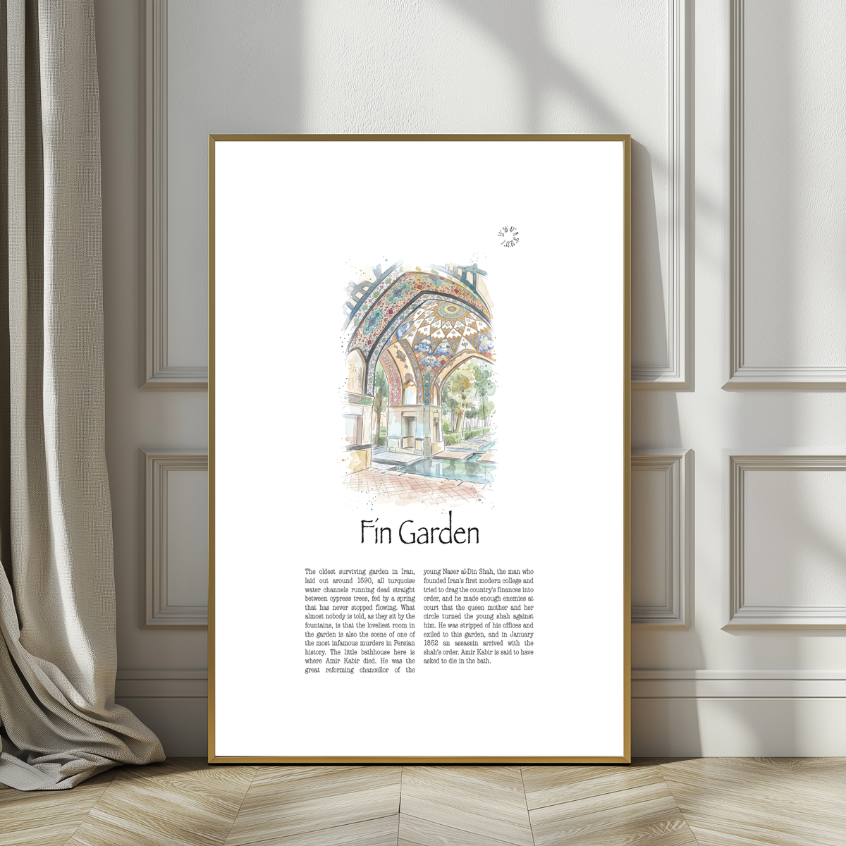 A framed art print titled 'Fin Garden' leaning against a paneled wall on a wooden floor, featuring a watercolour illustration of an arched garden corridor and descriptive text below.
