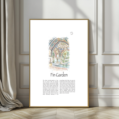 A framed art print titled 'Fin Garden' leaning against a paneled wall on a wooden floor, featuring a watercolour illustration of an arched garden corridor and descriptive text below.