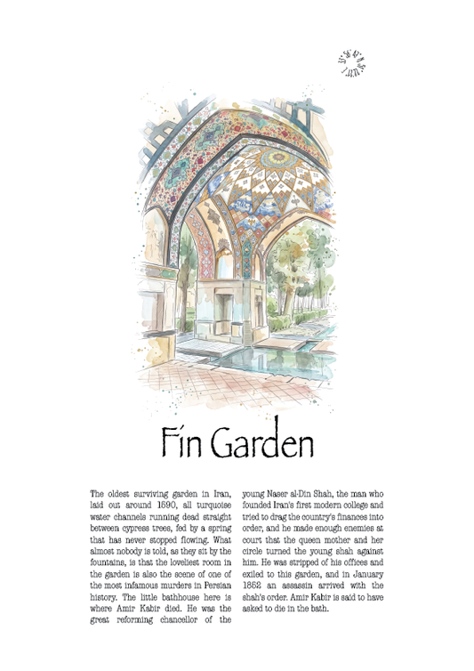 A travel poster featuring a central illustration of a highly ornate, vintage-style garden pavilion structure with floral detailing, above the title 'Fin Garden' and several paragraphs of text below.