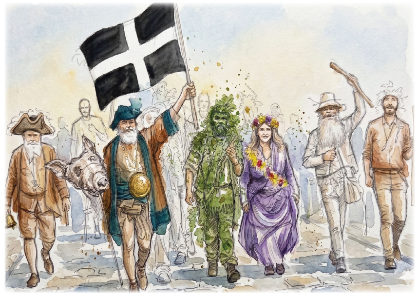 Watercolour-style illustration of a group of people walking forward, led by a man holding a black-and-white  Cornish flag. The scene includes a man in green foliage-like clothing, a woman in a purple dress with flowers, and several others in varied historical or costume outfits on a pale background.