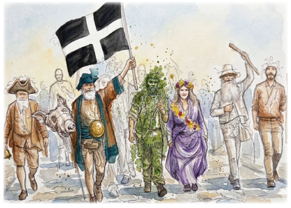 Watercolour-style illustration of a group of people walking forward, led by a man holding a black-and-white  Cornish flag. The scene includes a man in green foliage-like clothing, a woman in a purple dress with flowers, and several others in varied historical or costume outfits on a pale background.