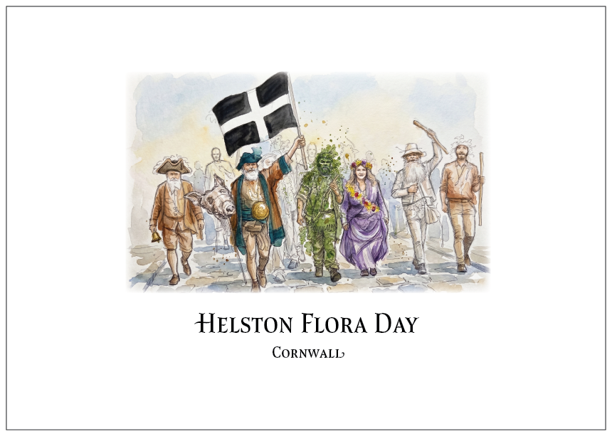 A watercolour-style printed illustration showing a group of people outdoors, with one person holding a black-and-white flag, above the text 'HELSTON FLORA DAY' and 'CORNWALL' on a white background.