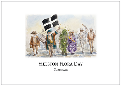 A watercolour-style printed illustration showing a group of people outdoors, with one person holding a black-and-white flag, above the text 'HELSTON FLORA DAY' and 'CORNWALL' on a white background.