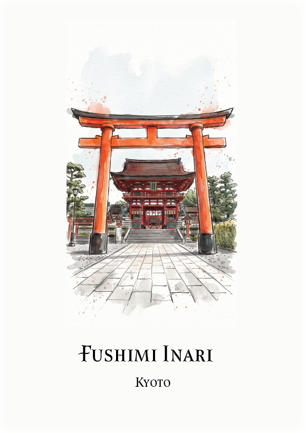 Watercolour-style travel art print of Fushimi Inari in Kyoto, featuring a large orange-red torii gate and shrine on a light background with the text 'FUSHIMI INARI' and 'Kyoto' below.
