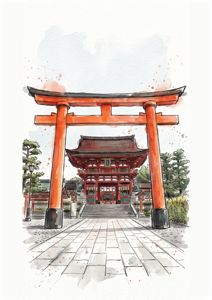 Watercolour-style illustration of a Japanese temple scene  at fushimi inari with a large orange-red torii gate in the foreground, a stone path leading forward, and a red temple building in the background.